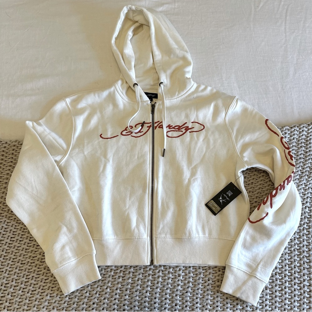 Ed Hardy Cropped Zip Hoodie Ivory